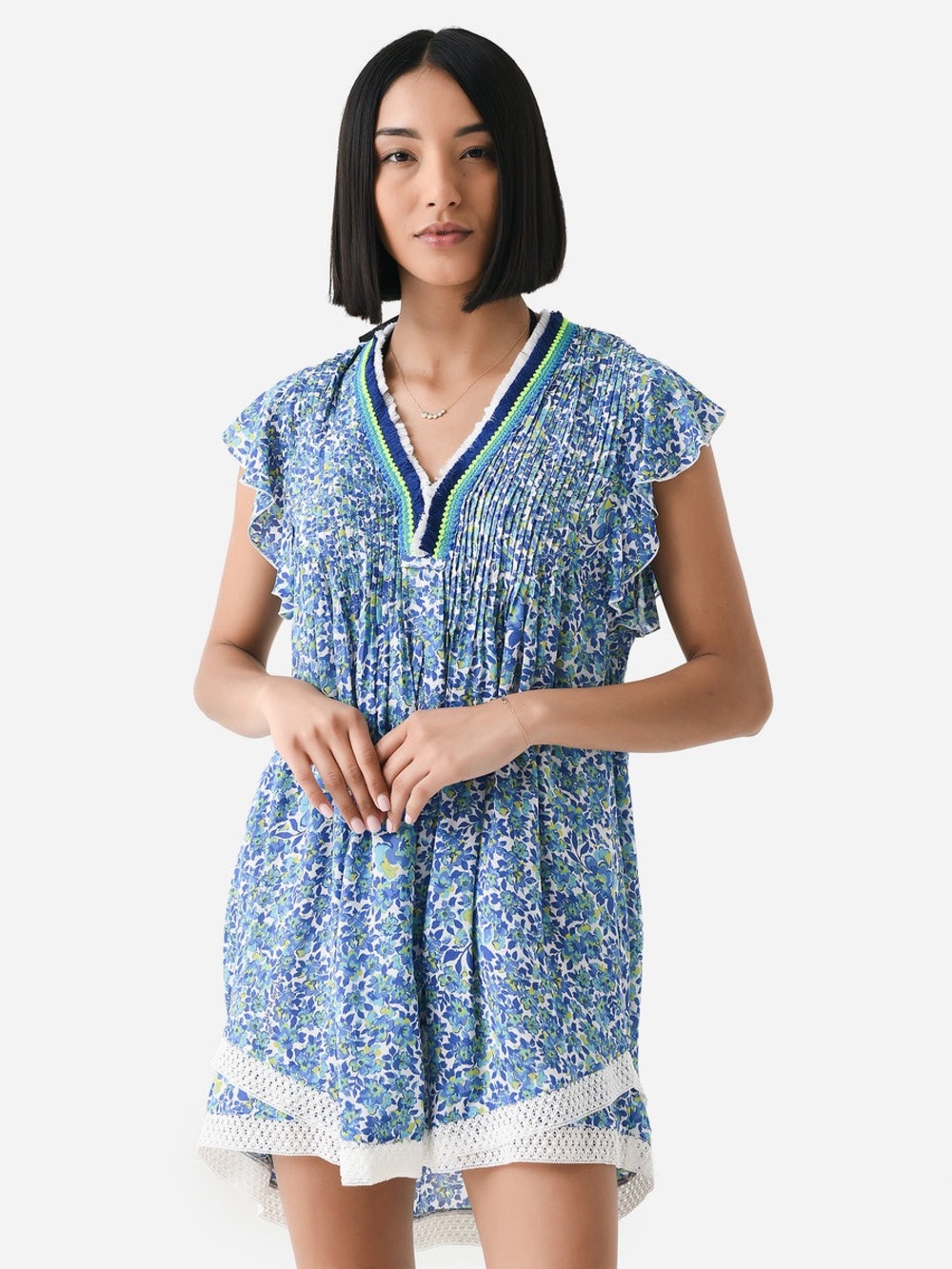 Poupette St. Barth Sasha V Mini Dress Blue Floral with White Crochet | S